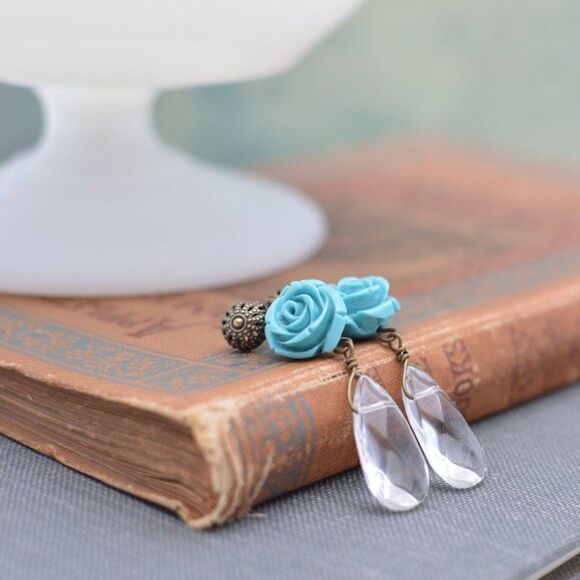 Turquoise Rose Earrings with Crystal Teardrops - Picture 1 of 5